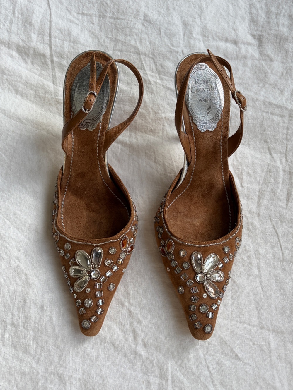 Vintage Rene Caovilla Crystal Rhinestone Suede Pointy Toe Heels Tan Silver